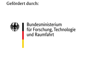 Der deutsche Adler ist zu sehen neben der deutschen Flagge und dem Text: "Gefördert durch: Bundesministerium für Forschung, Technologie und Raumfahrt"