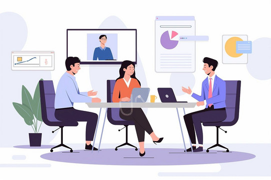 PRAESCO AdobeStock Eine Graphik, welche drei Personen darstellt, welche in Präsenz miteinander kooperieren und eine vierte Person, welche über einen Bildschirm hinzugeschaltet ist.